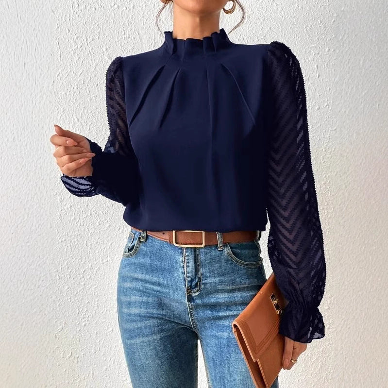 Women's High Neck Spliced Wave Pattern Chiffon Long Sleeve Top