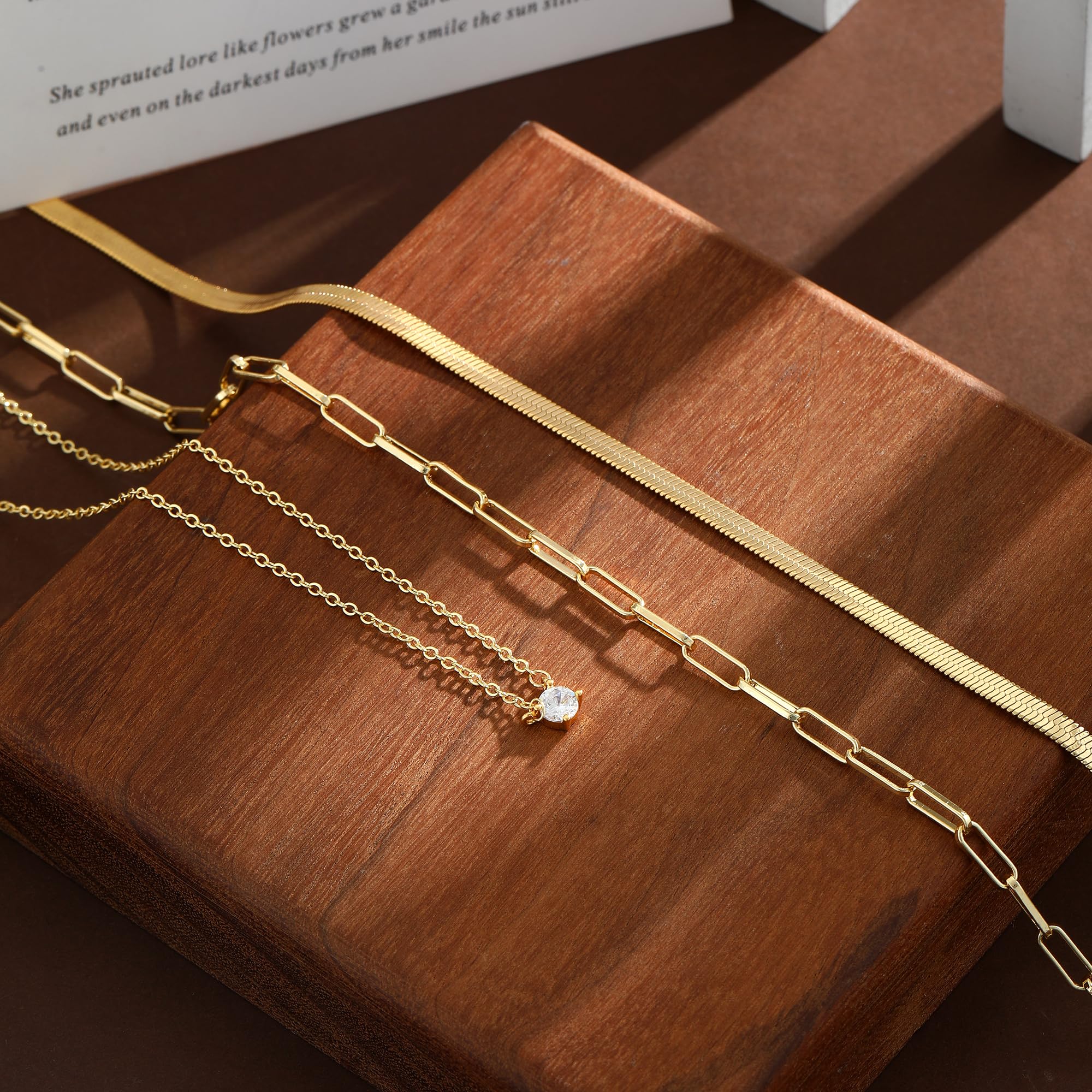 14K Gold Plated Layered Necklace Set – Dainty CZ Pendant Stackable Chain Necklace