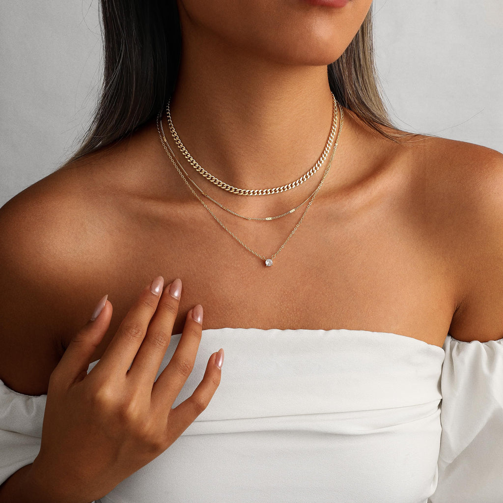 14K Gold Plated Layered Necklace Set – Dainty CZ Pendant Stackable Chain Necklace