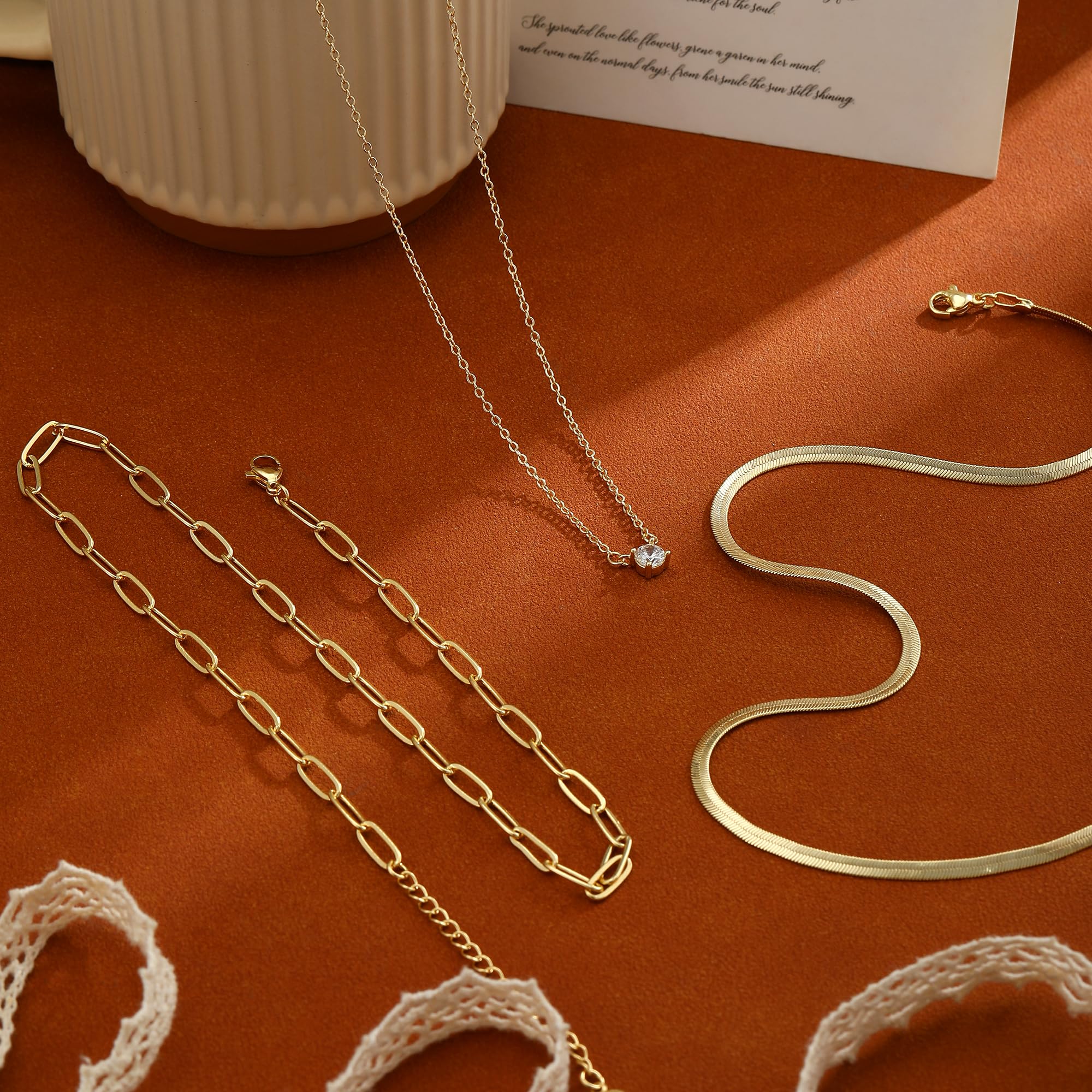 14K Gold Plated Layered Necklace Set – Dainty CZ Pendant Stackable Chain Necklace