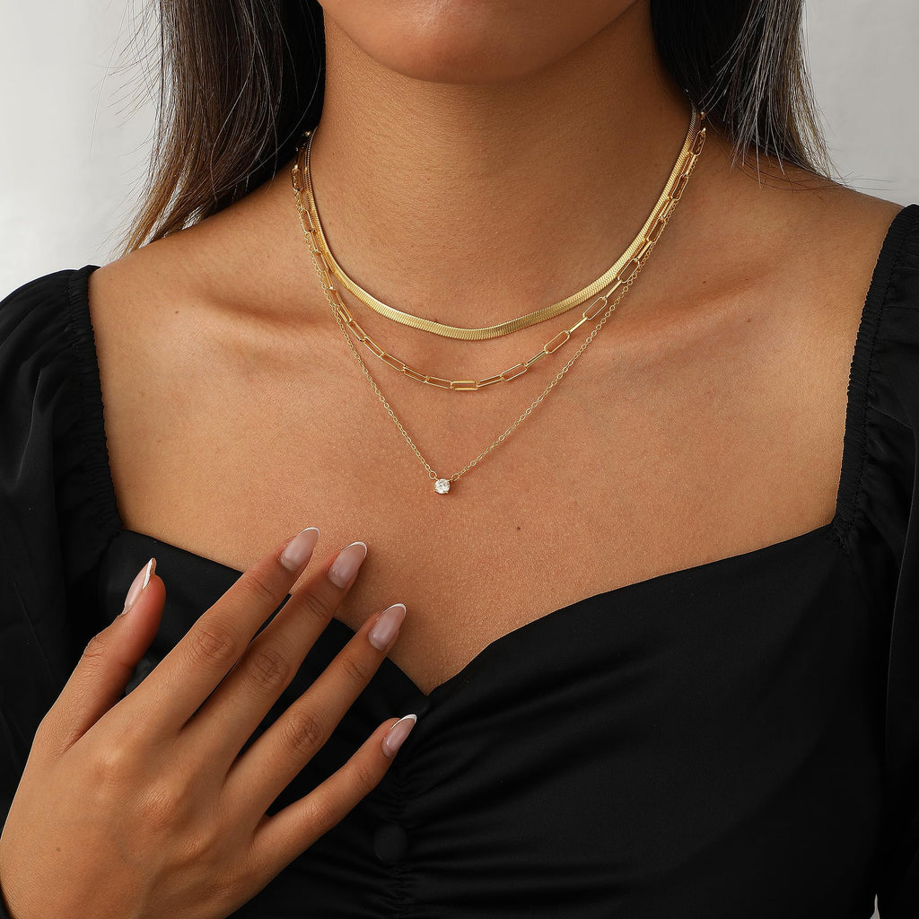 14K Gold Plated Layered Necklace Set – Dainty CZ Pendant Stackable Chain Necklace