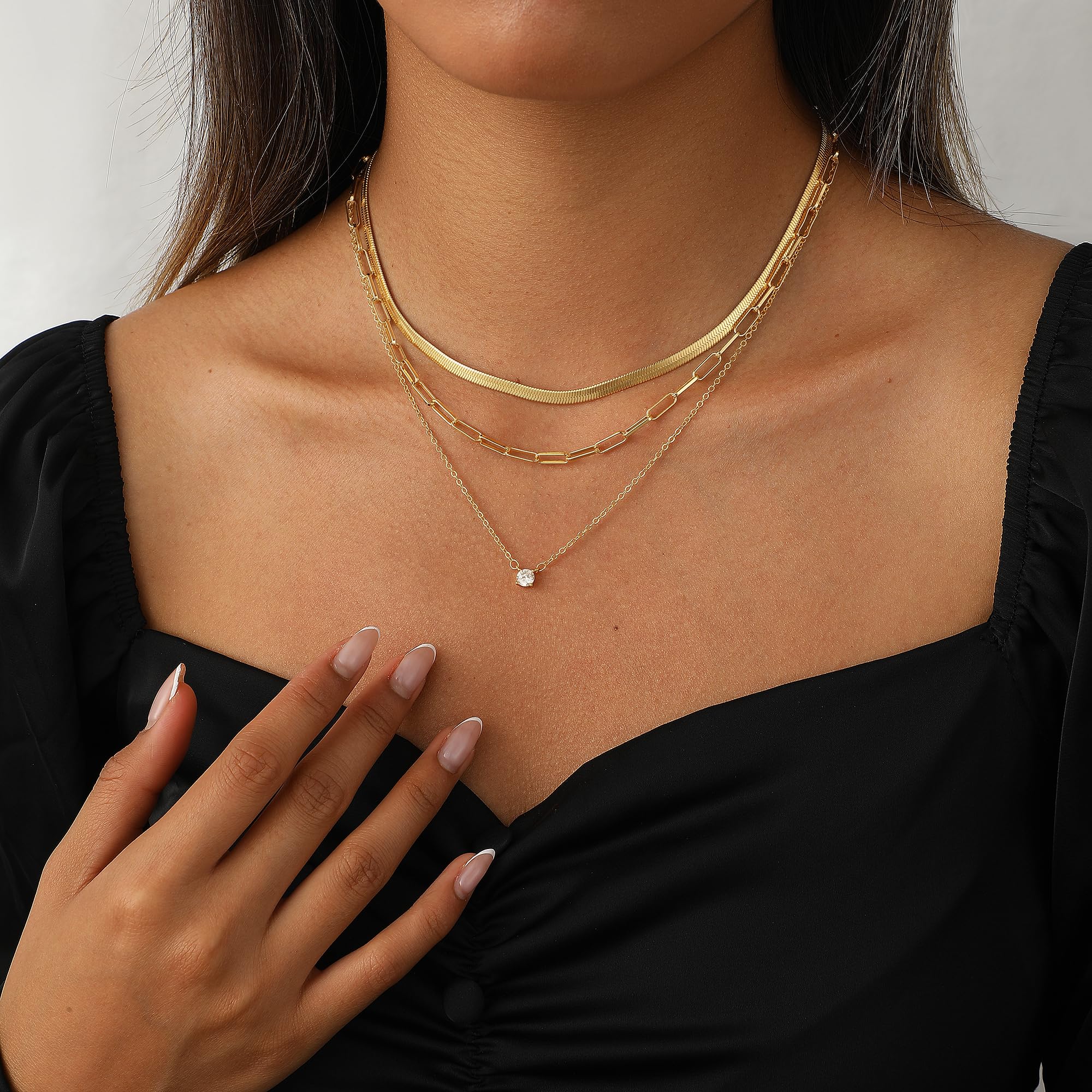 14K Gold Plated Layered Necklace Set – Dainty CZ Pendant Stackable Chain Necklace