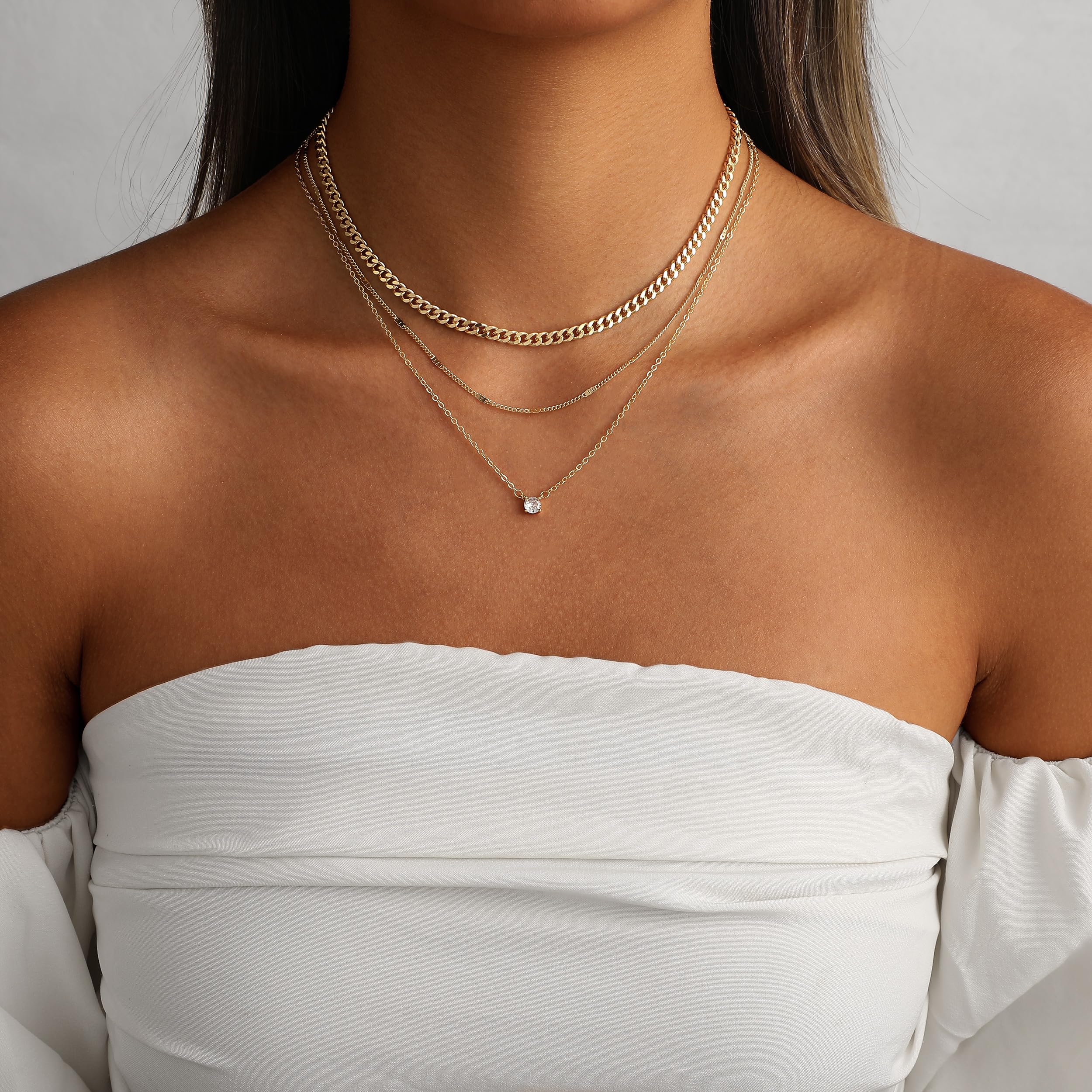 14K Gold Plated Layered Necklace Set – Dainty CZ Pendant Stackable Chain Necklace