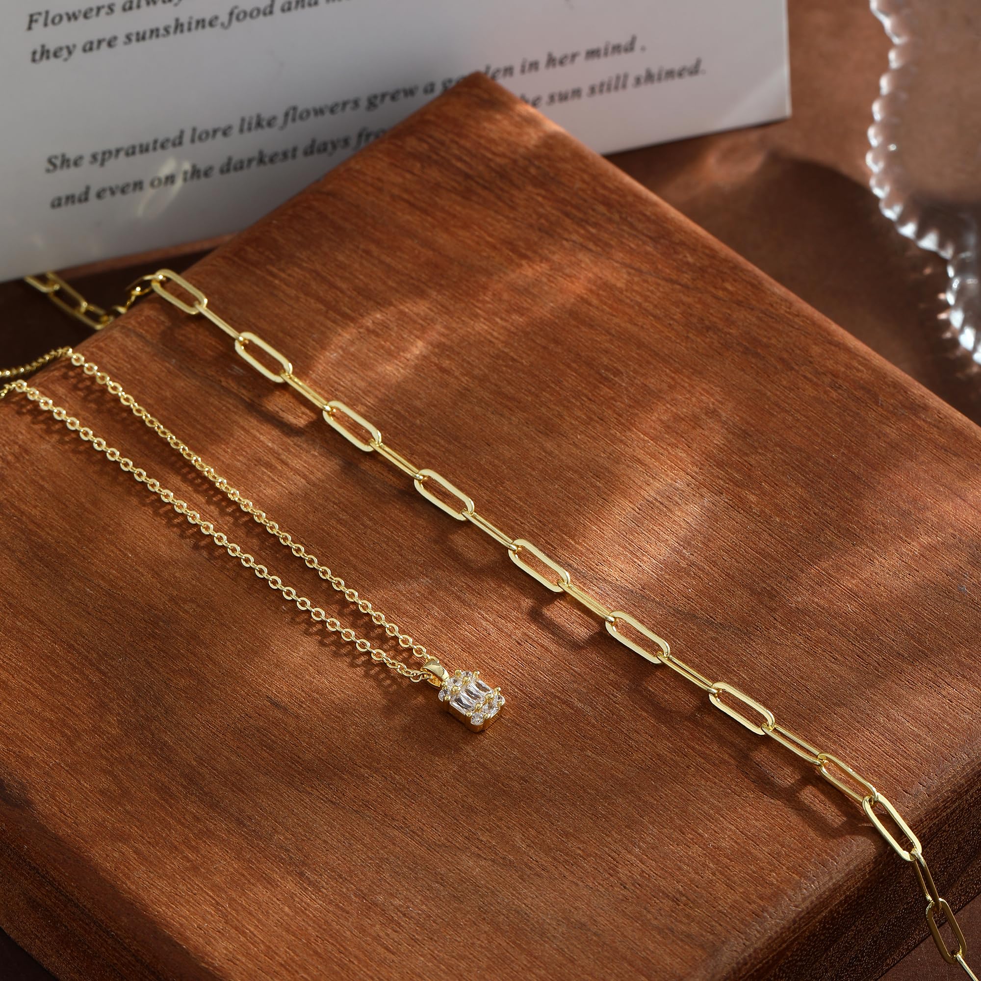 14K Gold Plated Layered Necklace Set – Dainty CZ Pendant Stackable Chain Necklace