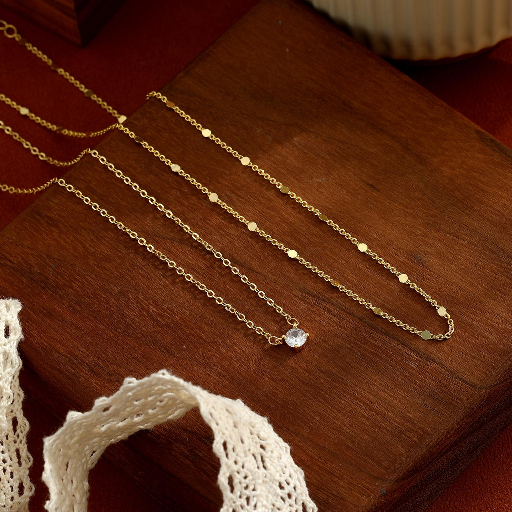 14K Gold Plated Layered Necklace Set – Dainty CZ Pendant Stackable Chain Necklace