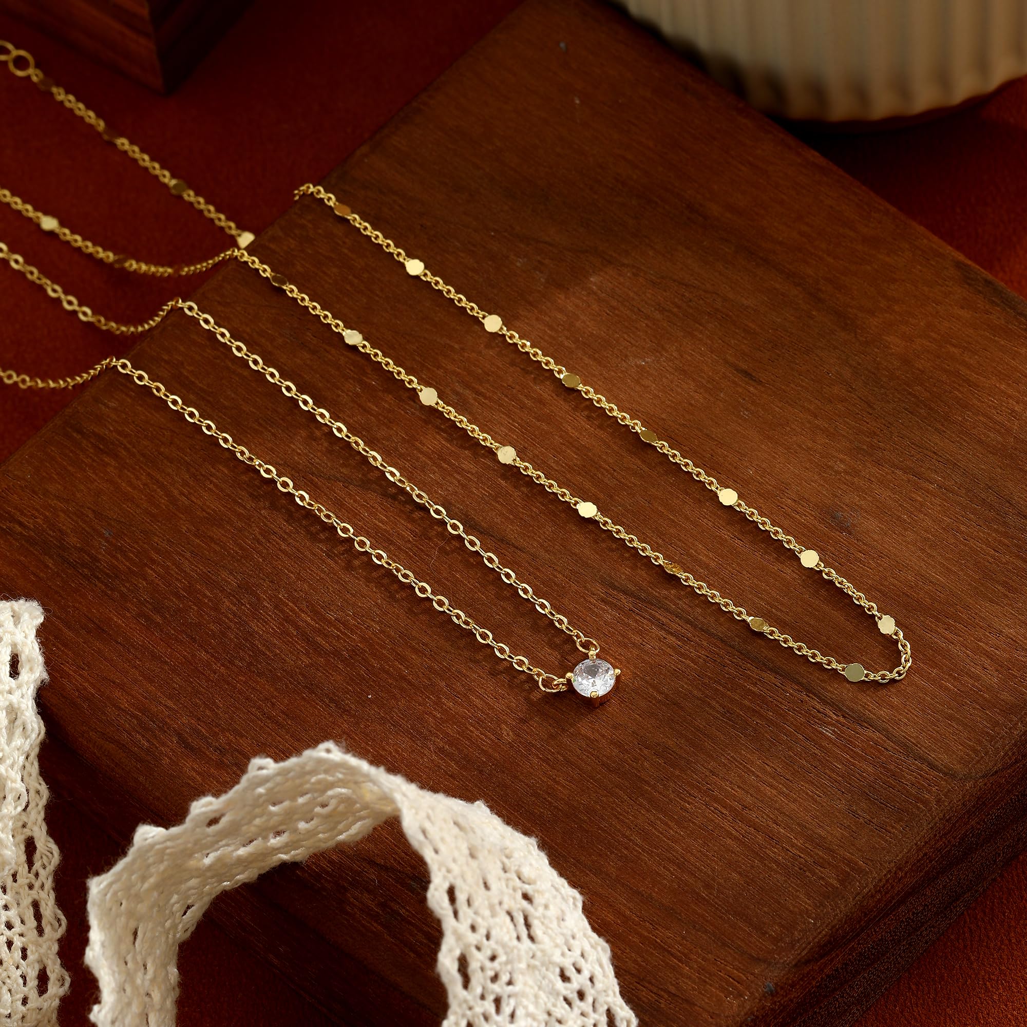 14K Gold Plated Layered Necklace Set – Dainty CZ Pendant Stackable Chain Necklace