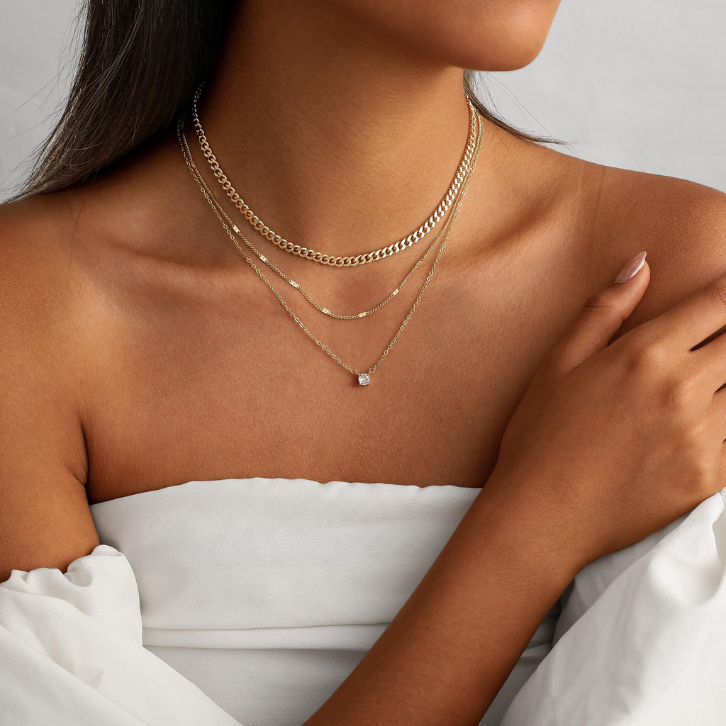 14K Gold Plated Layered Necklace Set – Dainty CZ Pendant Stackable Chain Necklace
