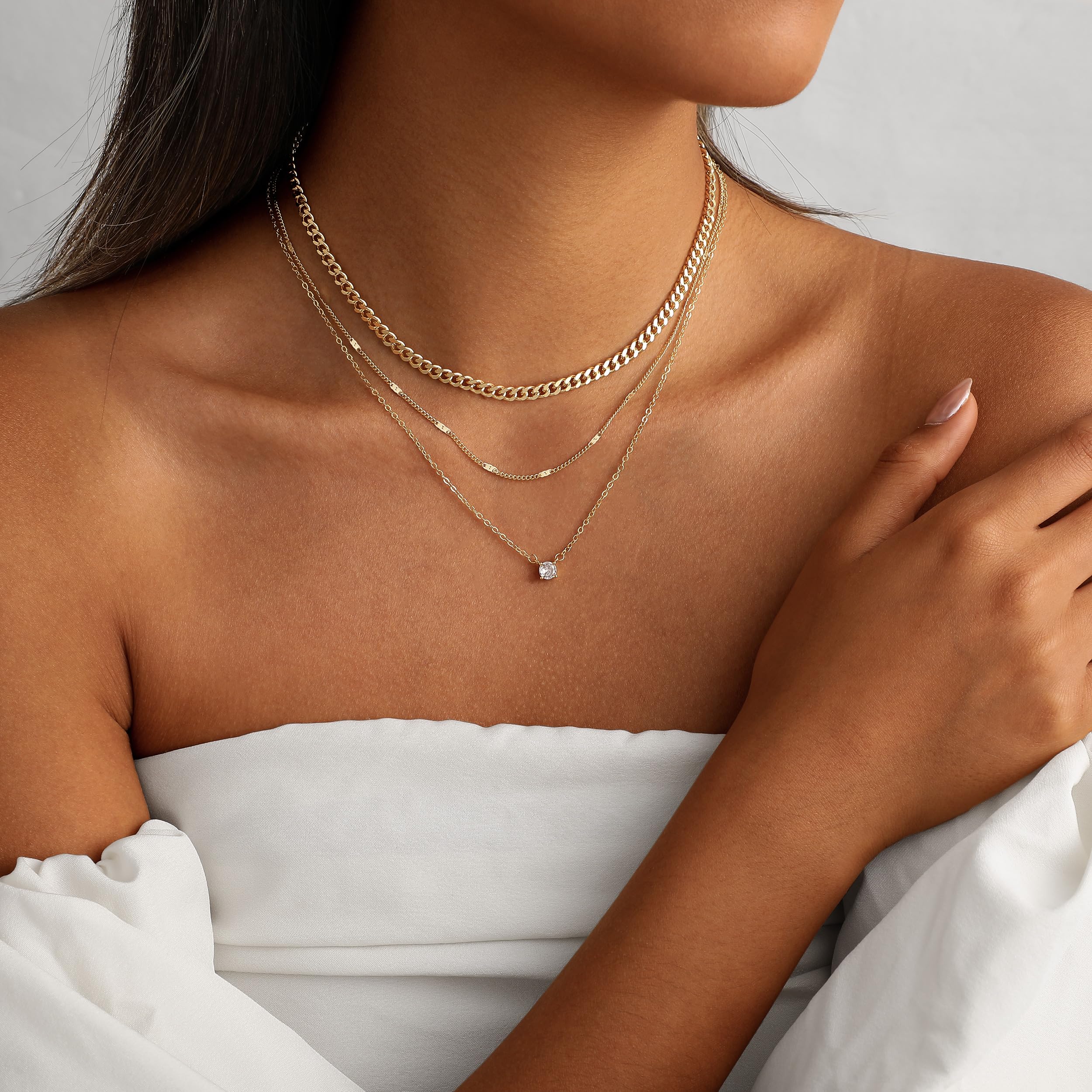 14K Gold Plated Layered Necklace Set – Dainty CZ Pendant Stackable Chain Necklace