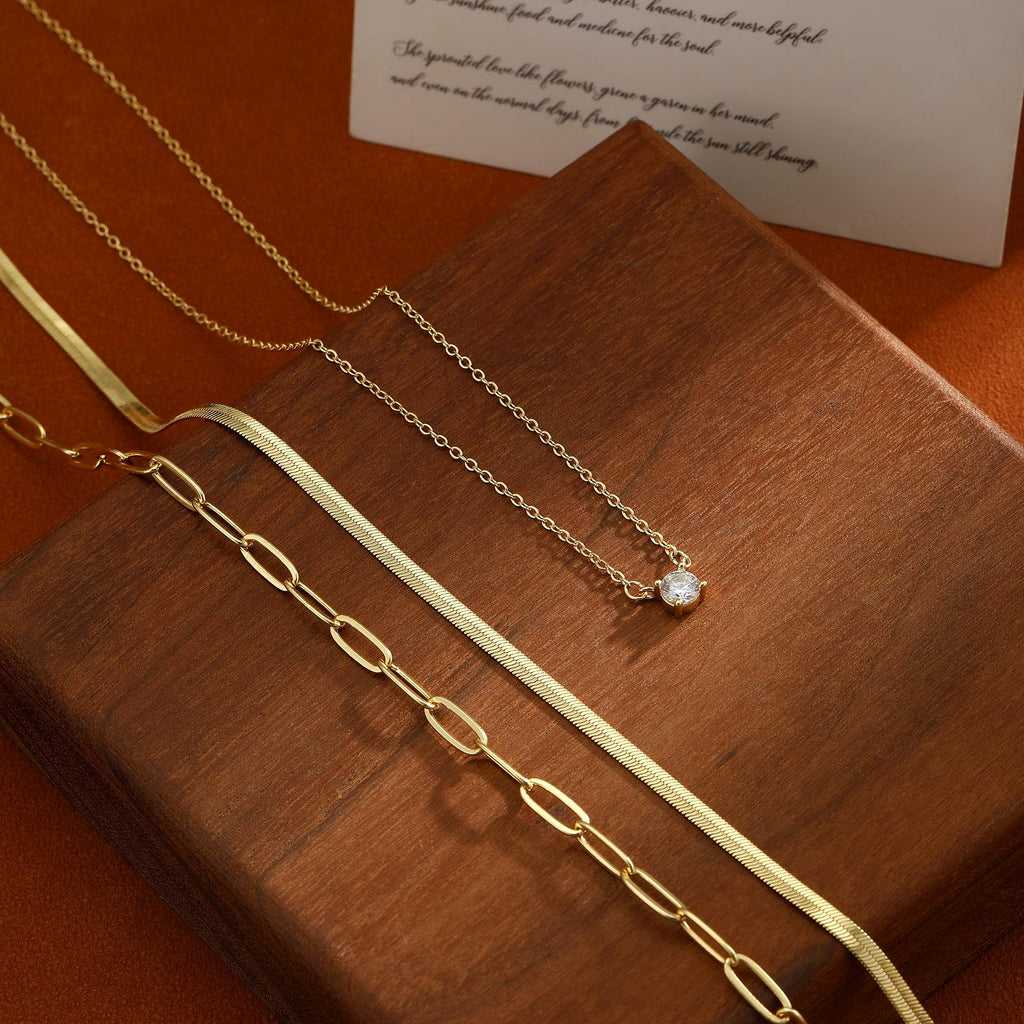 14K Gold Plated Layered Necklace Set – Dainty CZ Pendant Stackable Chain Necklace