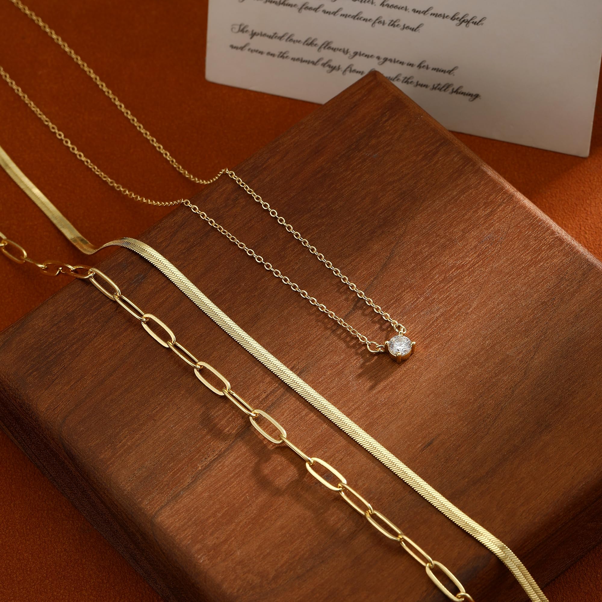 14K Gold Plated Layered Necklace Set – Dainty CZ Pendant Stackable Chain Necklace