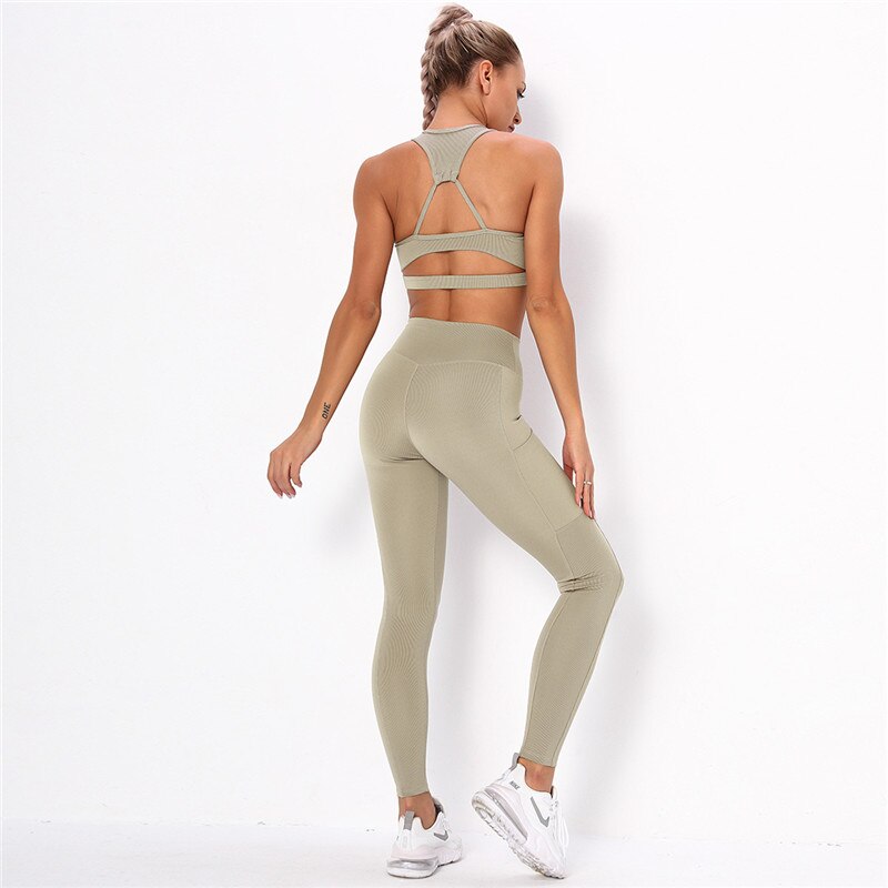 Women's Striped Yoga Set – Sports Bra & High-Waist Leggings Workout Set