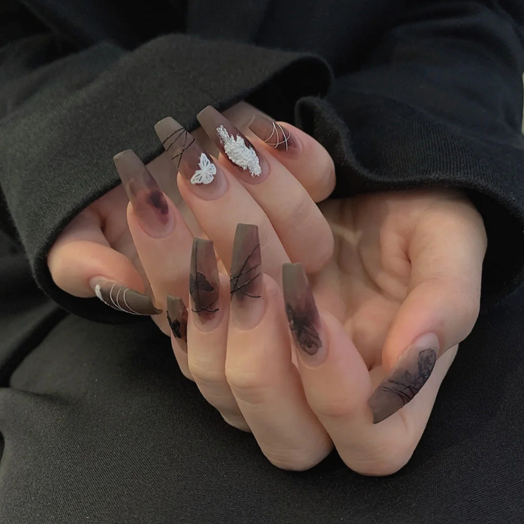 Dark Butterfly Press-On Nails – Long Ballet Reusable False Nails with Glue Tabs