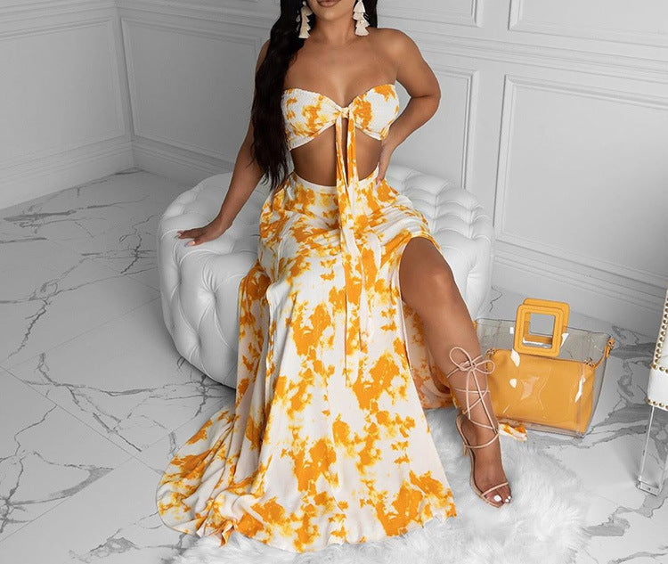 Women's Printed Strapless Bandeau Maxi Skirt Set – Backless Two-Piece Summer Outfit