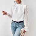 Women's High Neck Spliced Wave Pattern Chiffon Long Sleeve Top