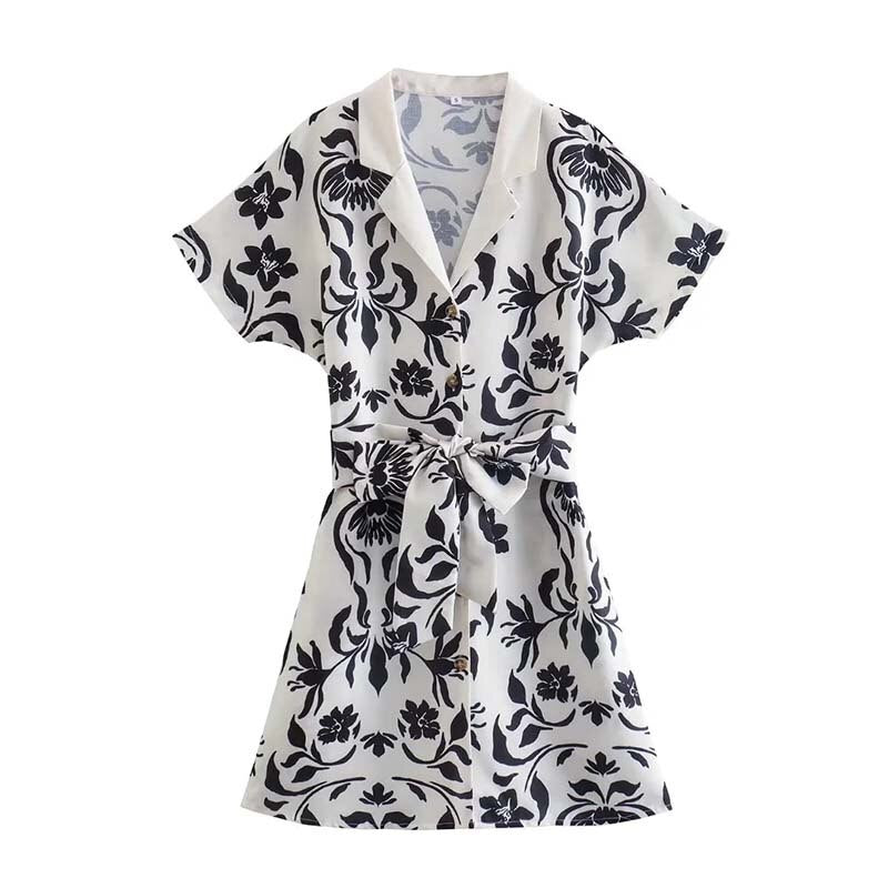 Women's Printed Mini Dress – Elegant Bow Belt Short Sleeve Summer Dress