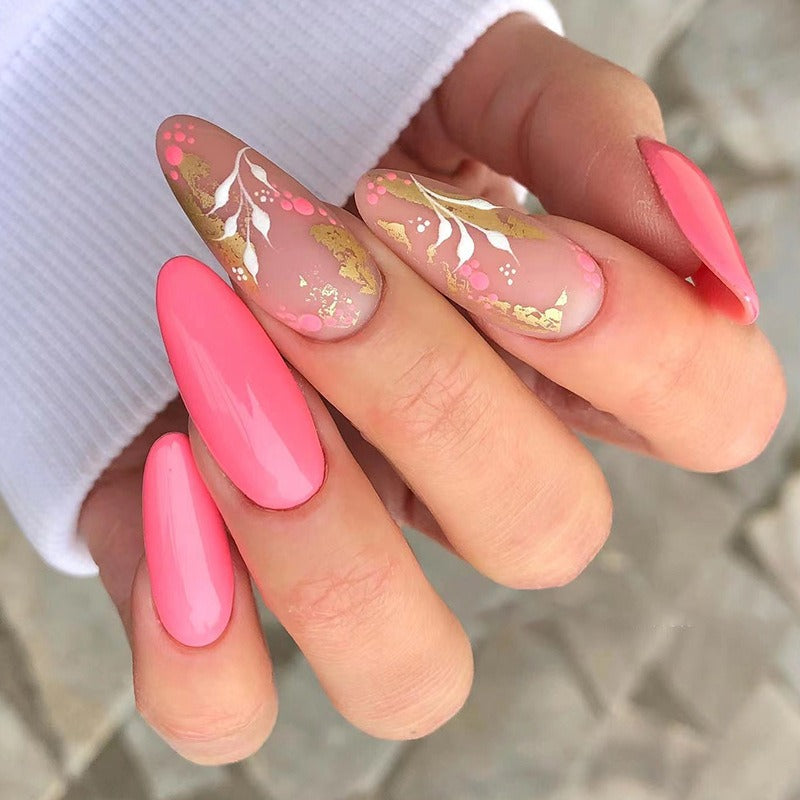 Pink Floral Gold Foil Press-On Nails – Removable Almond False Nails with White Flower Nail Art