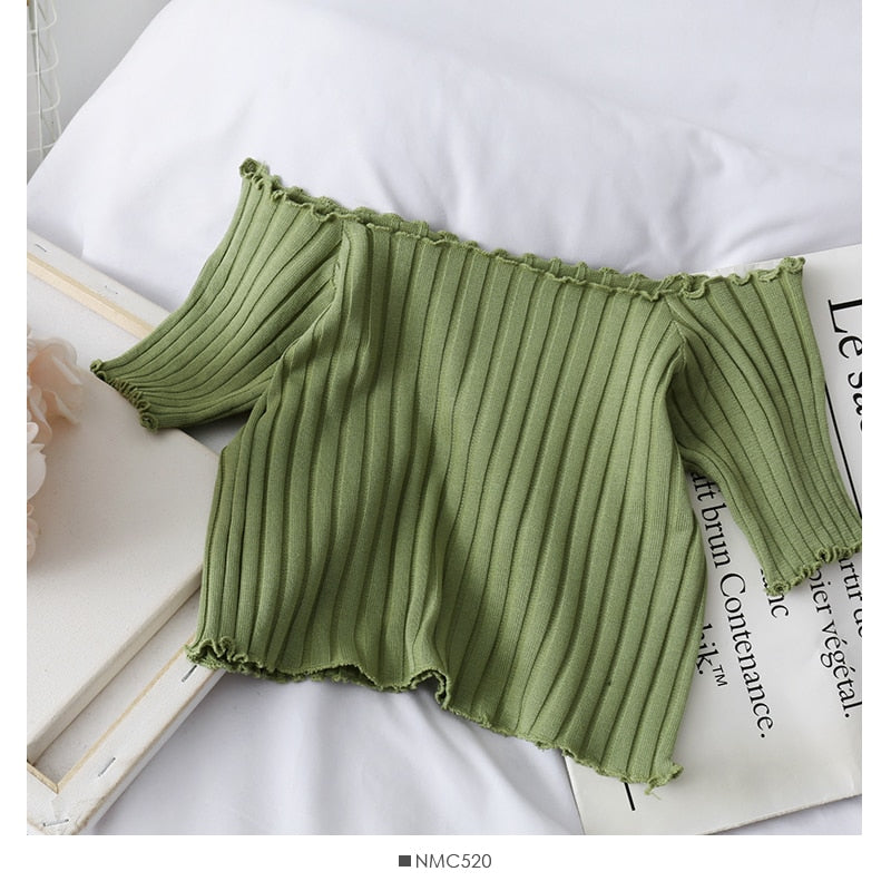 Women's Off-Shoulder Knit Crop Top – Ruffle Hem Stretch Short Sleeve Summer Tee