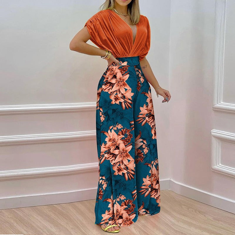 Copy of Women's 2-Piece V-Neck Printed Wide Leg Pants Set – Casual Summer Matching Outfit