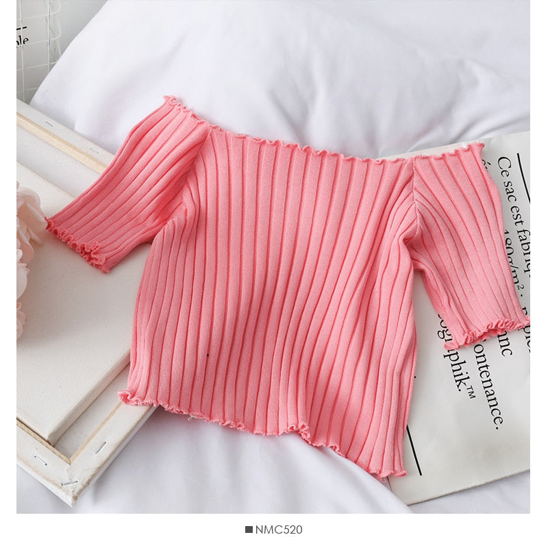 Women's Off-Shoulder Knit Crop Top – Ruffle Hem Stretch Short Sleeve Summer Tee