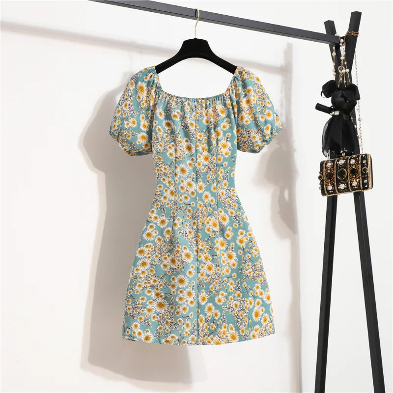 Women's Floral Chiffon Mini Dress – Puff Sleeve Shirred Summer Casual Dress