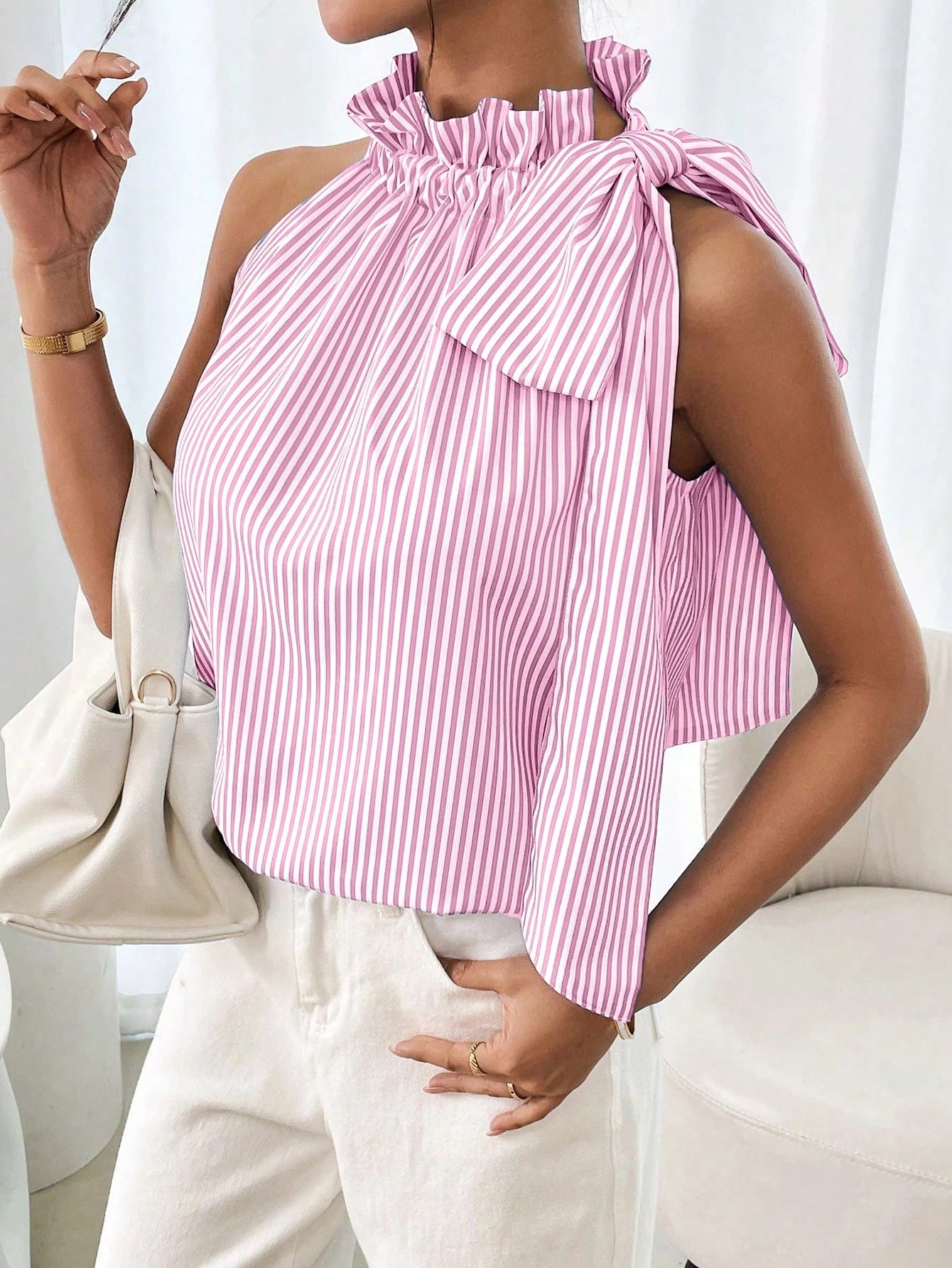 Sleeveless Striped Lace Trim High Necktie Knot T-Shirt Top