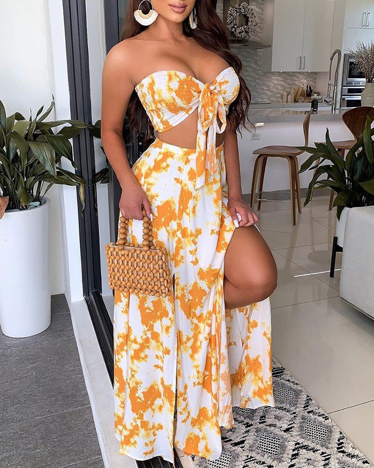 Women's Printed Strapless Bandeau Maxi Skirt Set – Backless Two-Piece Summer Outfit