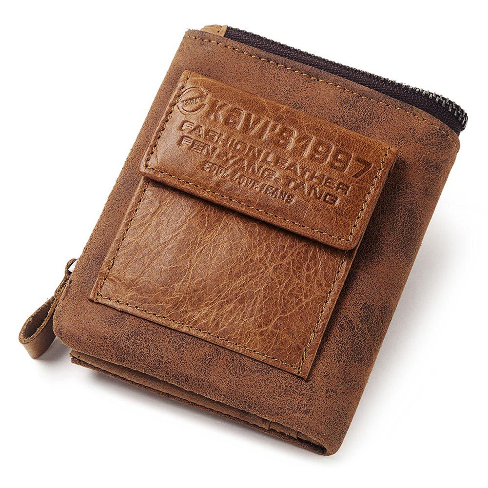 Men's Genuine Leather Bifold Wallet – RFID Blocking Zip Coin Wallet with Card Holder