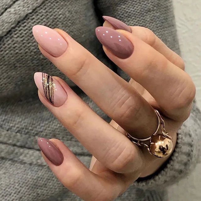 Pink Lotus Almond Press-On Nails – Gold Line Glossy False Nails with Minimalist Nail Art