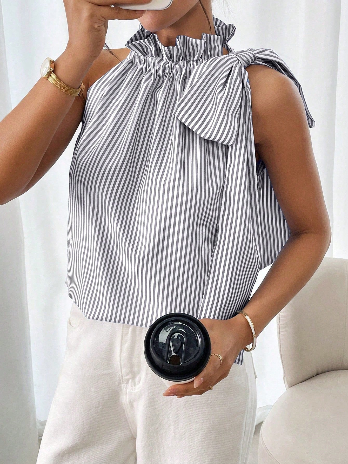 Sleeveless Striped Lace Trim High Necktie Knot T-Shirt Top