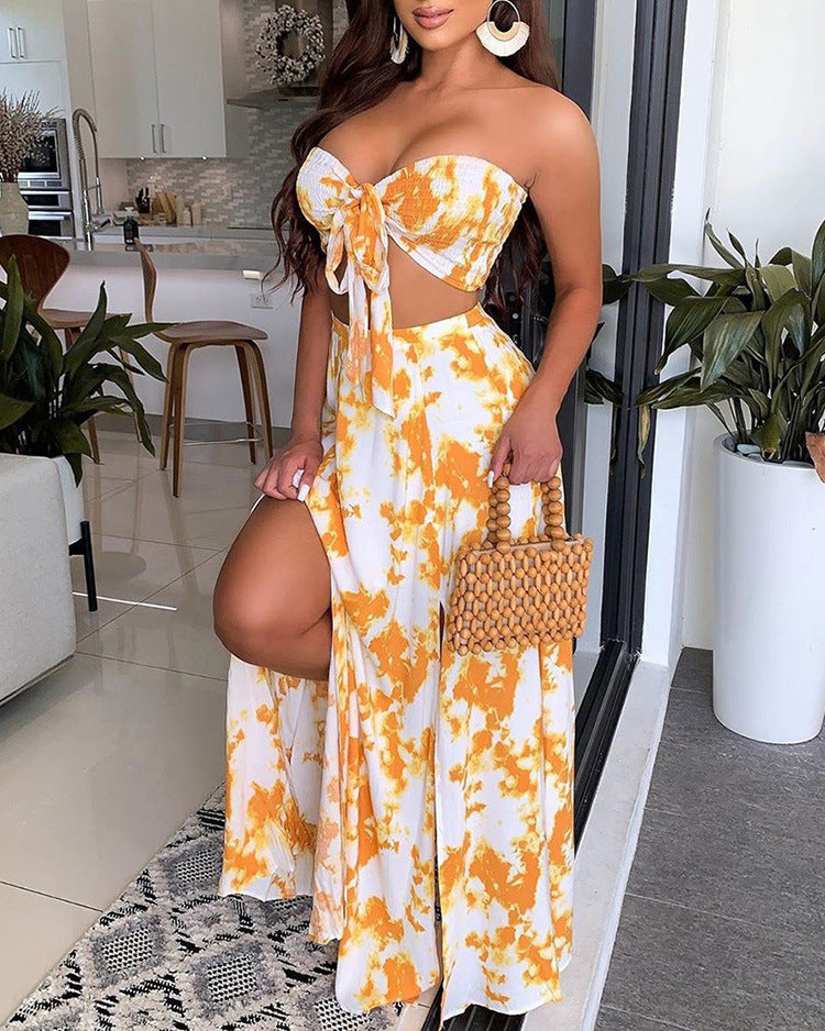 Women's Printed Strapless Bandeau Maxi Skirt Set – Backless Two-Piece Summer Outfit