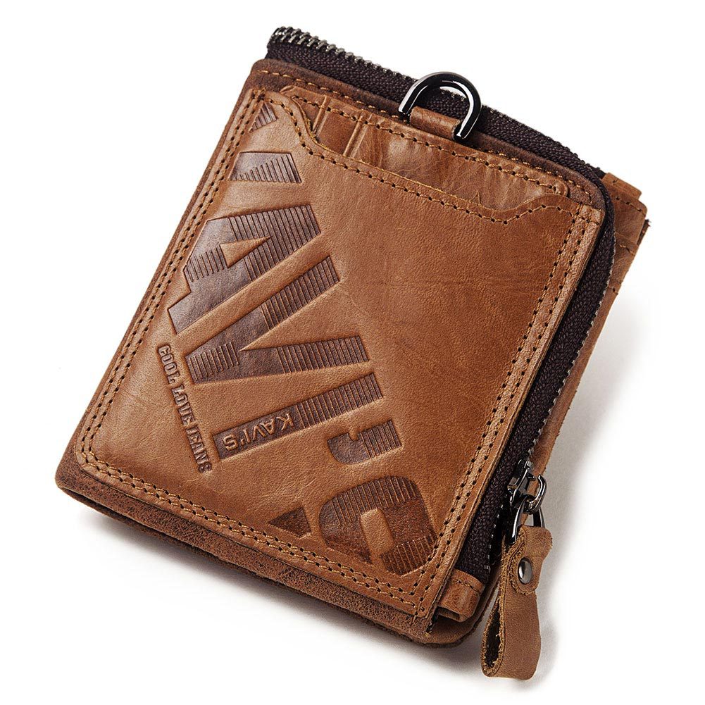Men's Genuine Leather Bifold Wallet – RFID Blocking Zip Coin Wallet with Card Holder