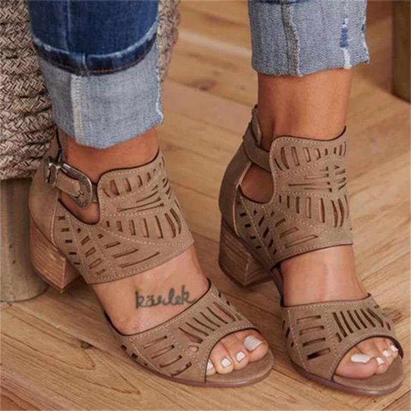 Women's Cutout Wedge Sandals – Peep Toe Buckle Strap Mid Heel Summer Shoes