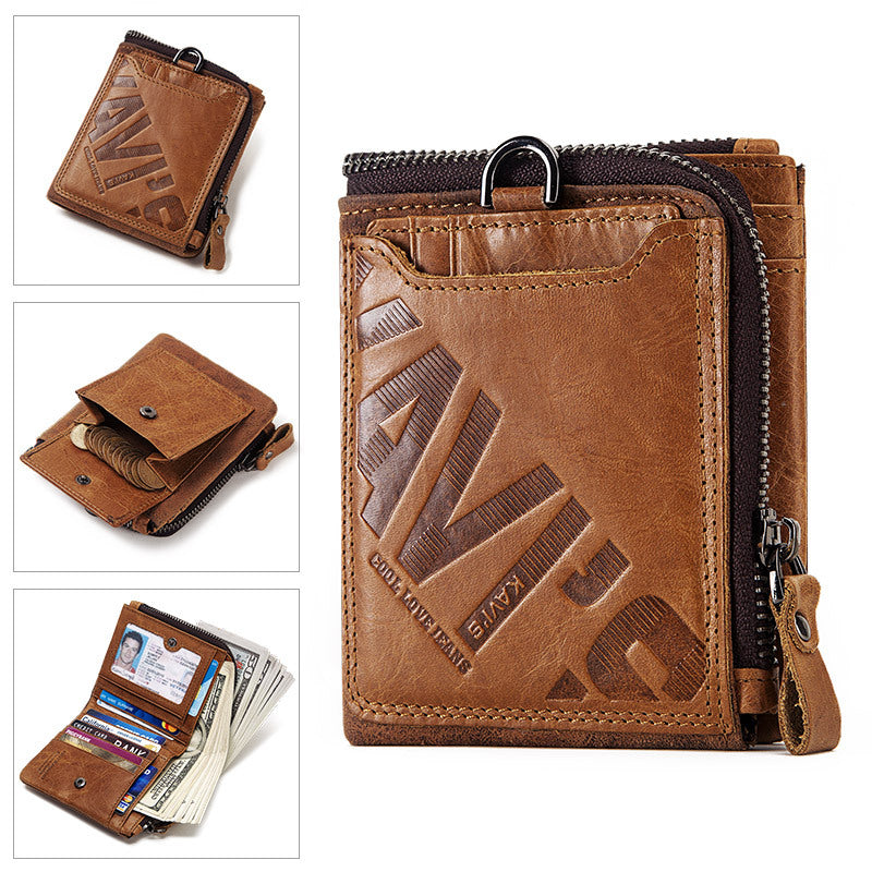Men's Genuine Leather Bifold Wallet – RFID Blocking Zip Coin Wallet with Card Holder