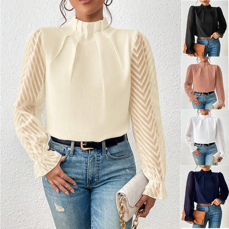 Women's High Neck Spliced Wave Pattern Chiffon Long Sleeve Top