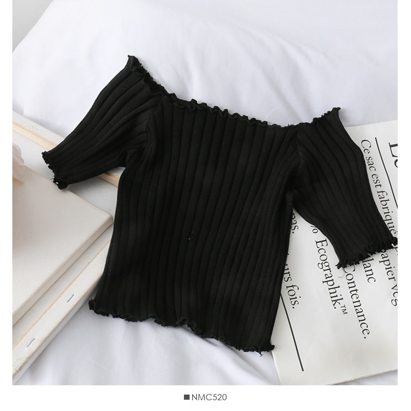 Women's Off-Shoulder Knit Crop Top – Ruffle Hem Stretch Short Sleeve Summer Tee