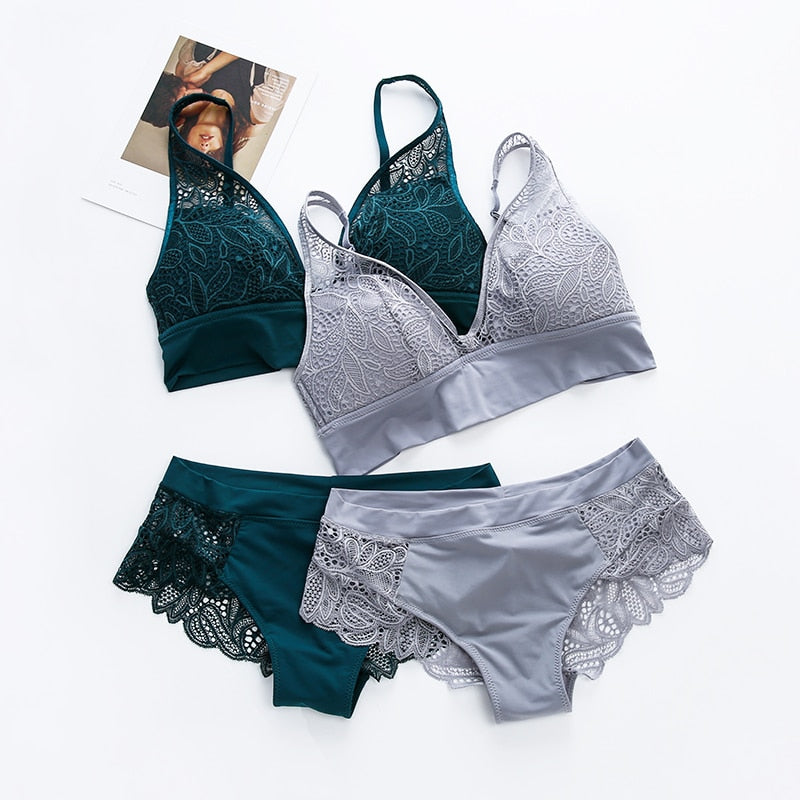 Women's Wireless Lace Bra & Panty Set – Push-Up Seamless Jacquard Lingerie Set