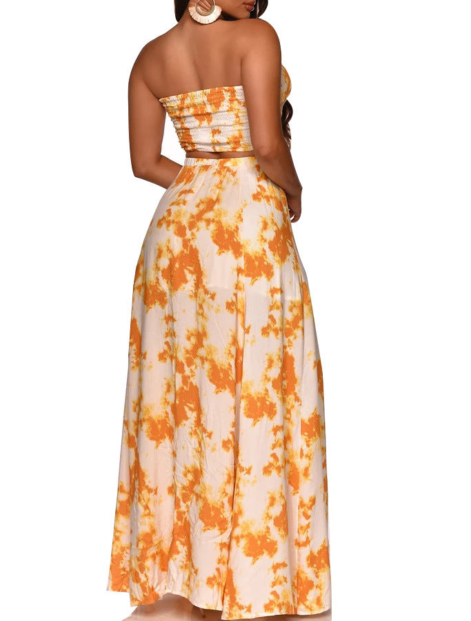 Women's Printed Strapless Bandeau Maxi Skirt Set – Backless Two-Piece Summer Outfit