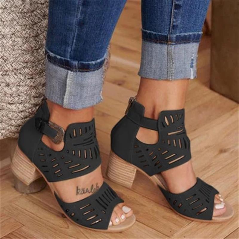 Women's Cutout Wedge Sandals – Peep Toe Buckle Strap Mid Heel Summer Shoes