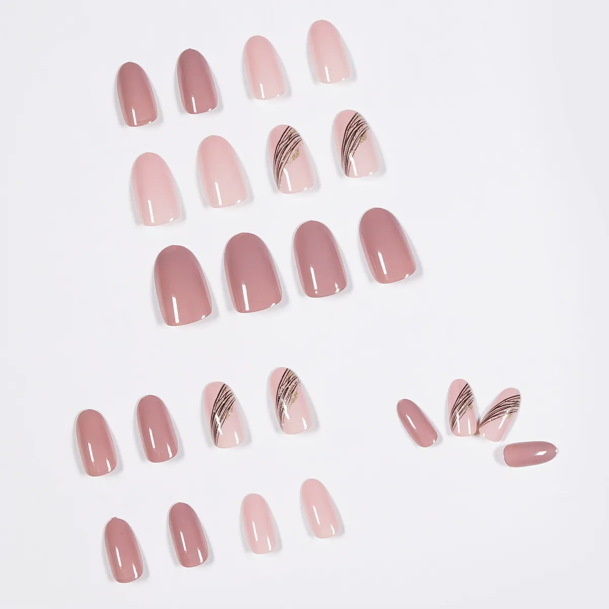 Pink Lotus Almond Press-On Nails – Gold Line Glossy False Nails with Minimalist Nail Art