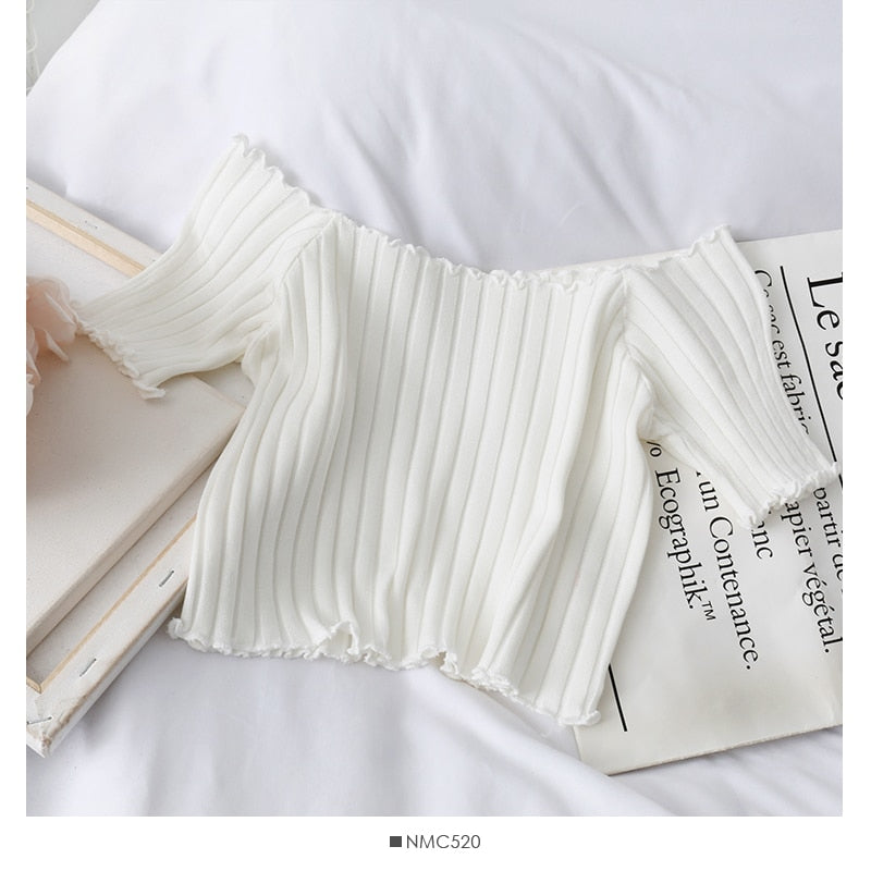 Women's Off-Shoulder Knit Crop Top – Ruffle Hem Stretch Short Sleeve Summer Tee
