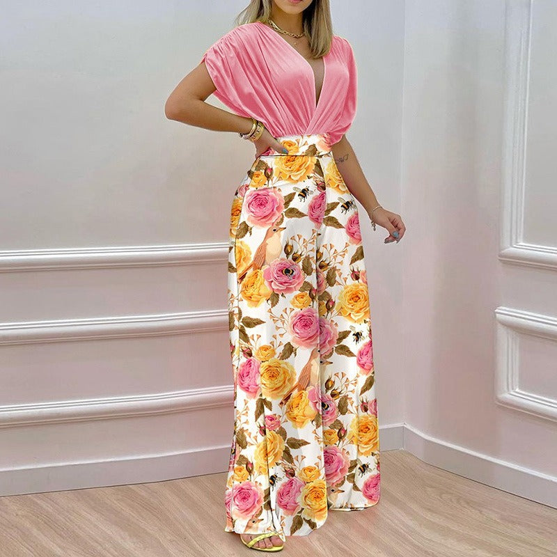 Women's 2-Piece V-Neck Printed Wide Leg Pants Set – Casual Summer Matching Outfit