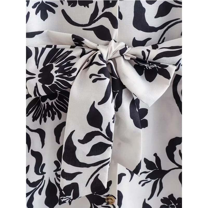 Women's Printed Mini Dress – Elegant Bow Belt Short Sleeve Summer Dress