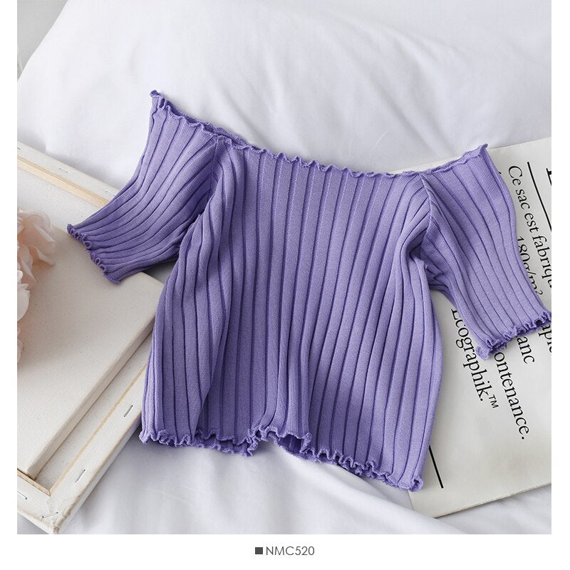 Women's Off-Shoulder Knit Crop Top – Ruffle Hem Stretch Short Sleeve Summer Tee