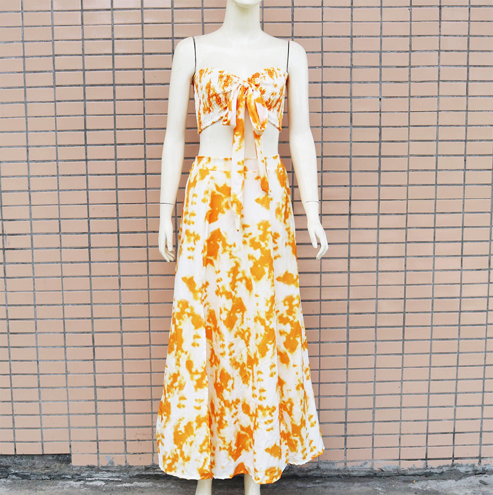 Women's Printed Strapless Bandeau Maxi Skirt Set – Backless Two-Piece Summer Outfit
