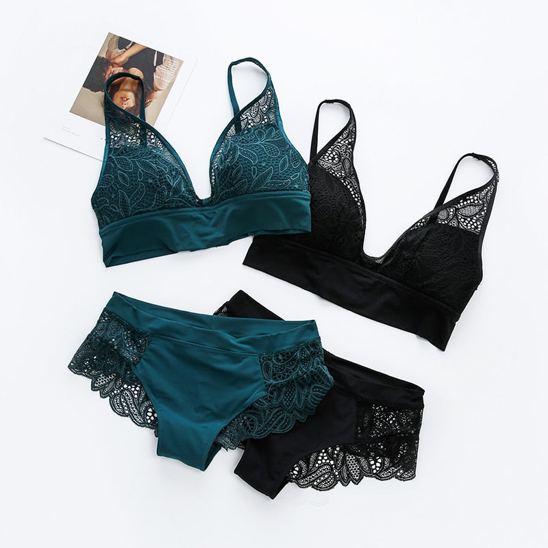 Women's Wireless Lace Bra & Panty Set – Push-Up Seamless Jacquard Lingerie Set
