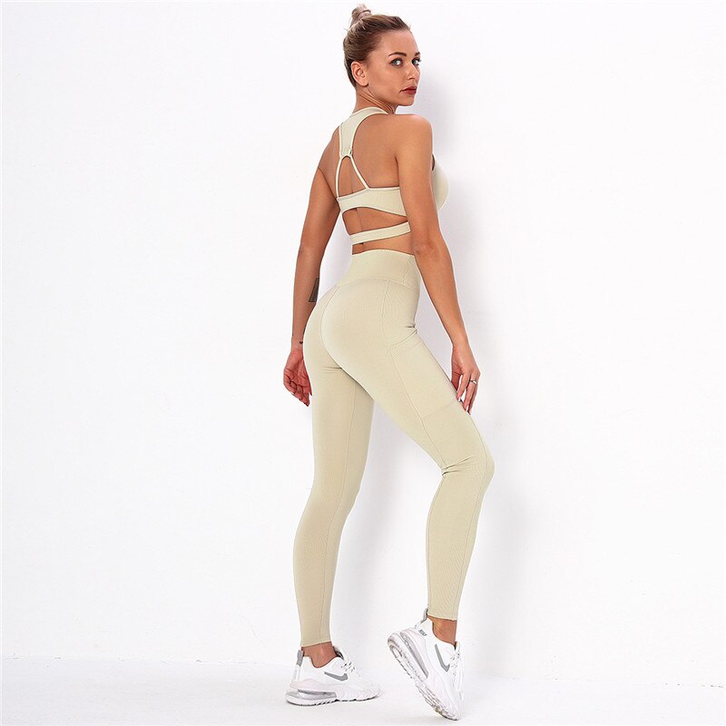 Women's Striped Yoga Set – Sports Bra & High-Waist Leggings Workout Set