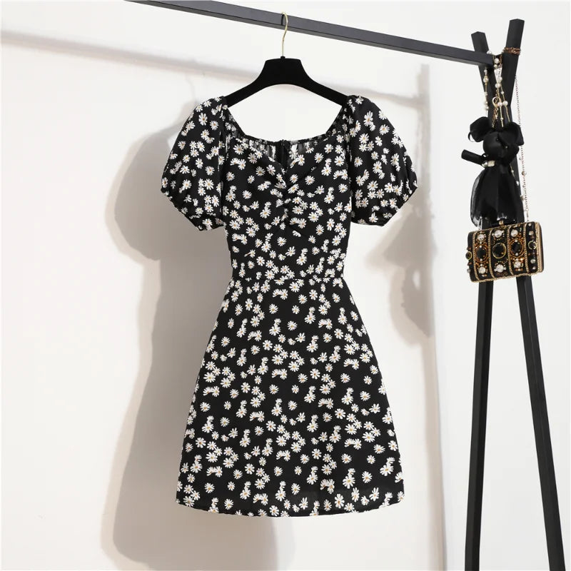 Women's Floral Chiffon Mini Dress – Puff Sleeve Shirred Summer Casual Dress