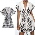 Women's Printed Mini Dress – Elegant Bow Belt Short Sleeve Summer Dress