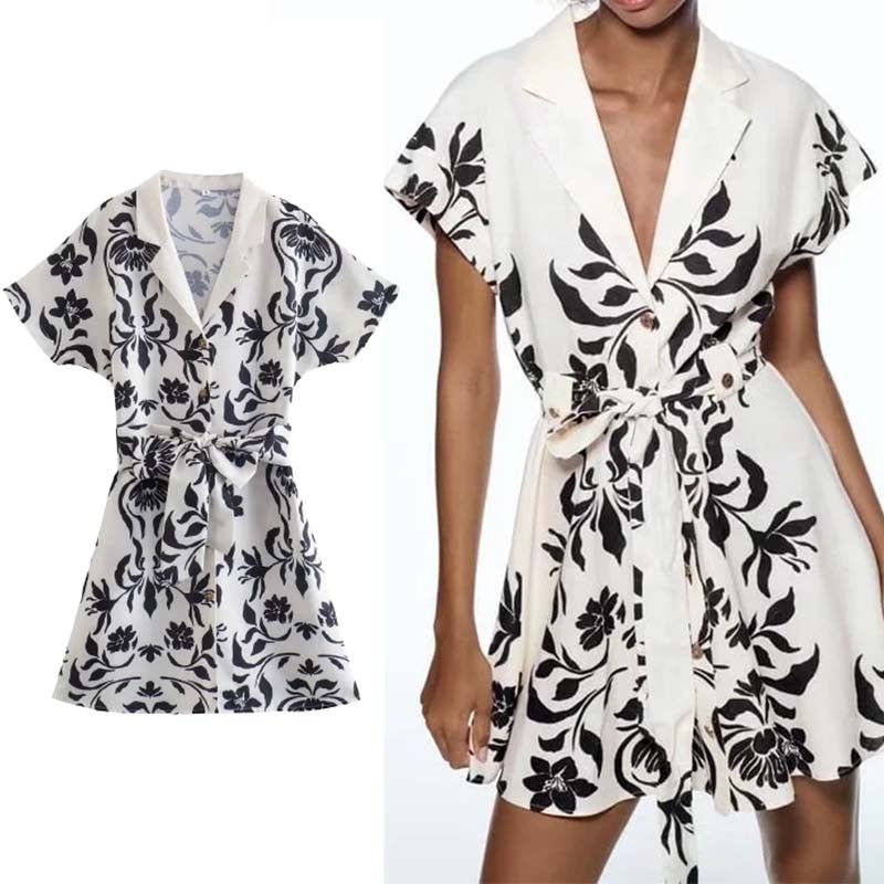 Women's Printed Mini Dress – Elegant Bow Belt Short Sleeve Summer Dress