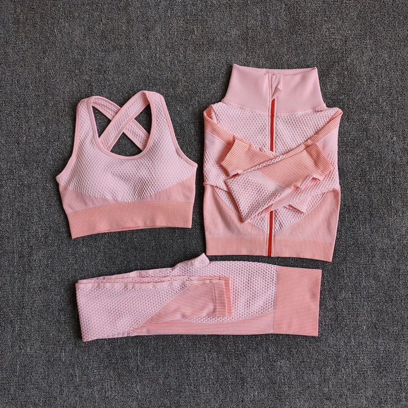 Women's Seamless 3-Piece Yoga Set – Long Sleeve Crop Top, Sports Bra & High-Waist Leggings